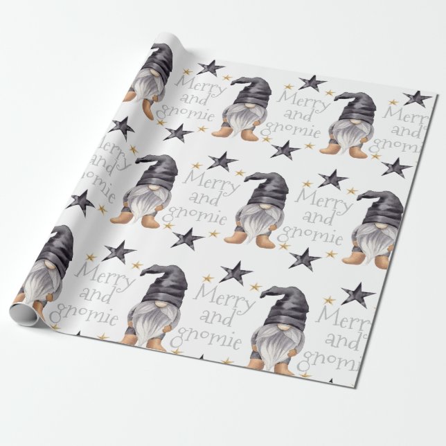 Farmhouse Winter Watercolor Gnome for Christmas Wrapping Paper (Unrolled)