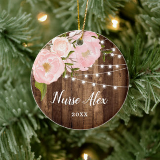 Farmhouse Wood Floral Personalised Nurse Keepsake Ceramic Tree Decoration