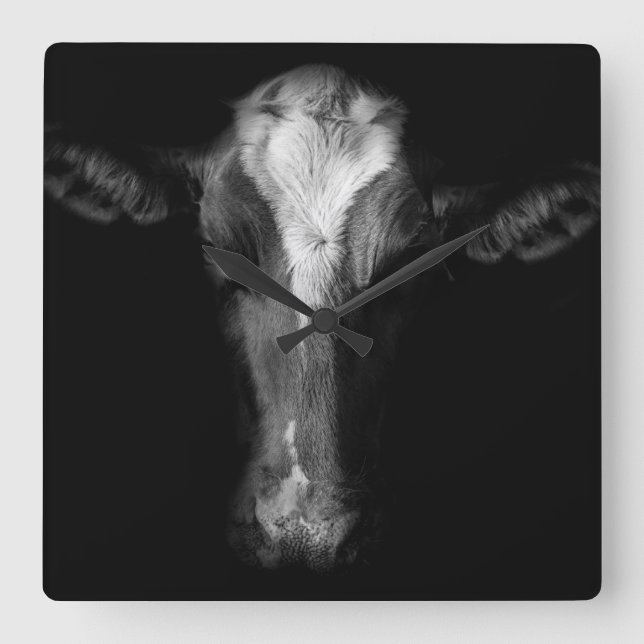 Farms | B&W Cow Head Shot Square Wall Clock (Front)