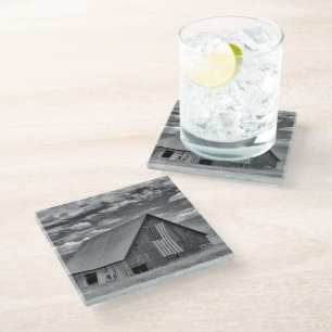 Farms   BW American Flag Barn Scene Glass Coaster