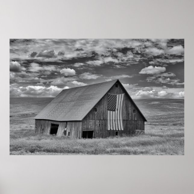 Farms | BW American Flag Barn Scene Poster (Front)