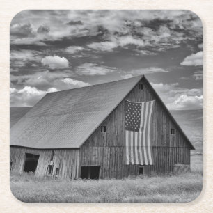 Farms BW American Flag Barn Scene Square Paper Coaster