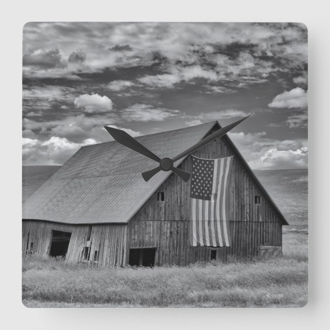 Farms | BW American Flag Barn Scene Square Wall Clock (Front)