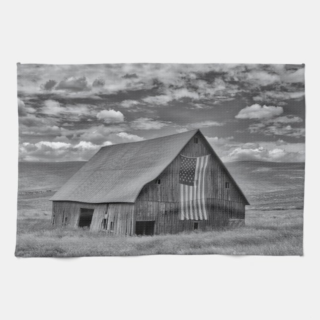 Farms | BW American Flag Barn Scene Tea Towel (Horizontal)