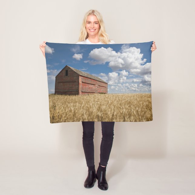 Farms | Old Red Barn in Wheat Field Fleece Blanket (In Situ)