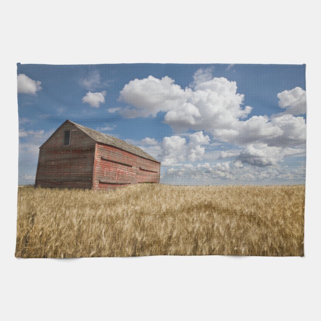 Farms | Old Red Barn in Wheat Field Tea Towel (Horizontal)