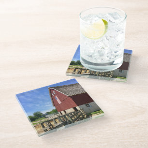 Farms   Red Barn With American Flag Glass Coaster