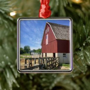 Farms   Red Barn With American Flag Metal Tree Decoration