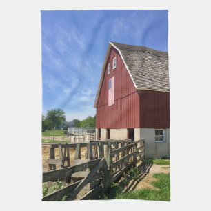 Farms   Red Barn With American Flag Tea Towel