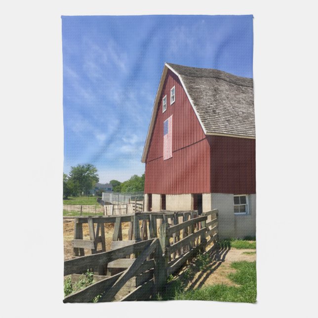 Farms | Red Barn With American Flag Tea Towel (Vertical)