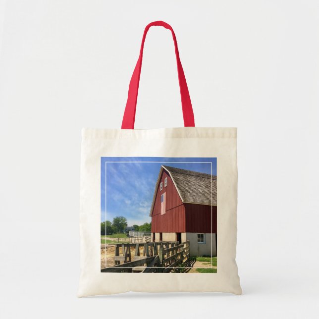 Farms | Red Barn With American Flag Tote Bag (Front)