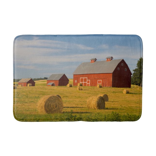 Farms | Red Barns Near Hay Bales Bath Mat (Front)