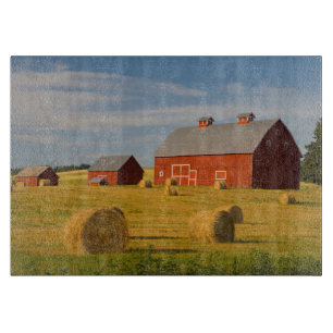 Farms Red Barns Near Hay Bales Cutting Board