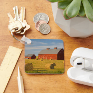 Farms Red Barns Near Hay Bales Key Ring