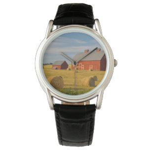 Farms Red Barns Near Hay Bales Watch