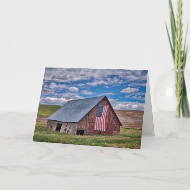 Farms | Rustic Red Barn With American Flag Card (Front)