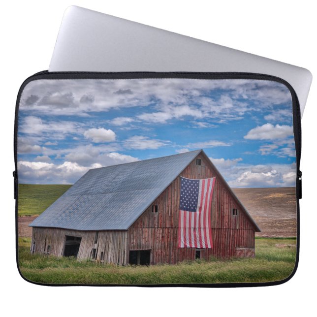 Farms | Rustic Red Barn With American Flag Laptop Sleeve (Front)
