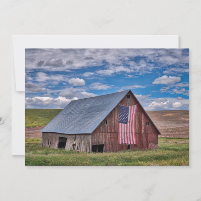 Farms | Rustic Red Barn With American Flag Thank You Card (Front)