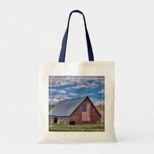 Farms   Rustic Red Barn With American Flag Tote Bag