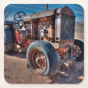 Farms Rusty Antique Tractor Square Paper Coaster