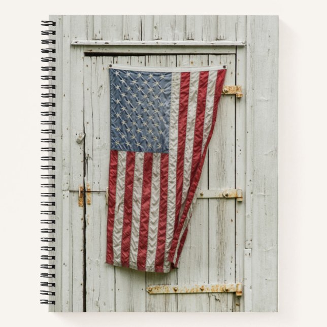 Farms | White Barn Door With American Flag Notebook (Front)
