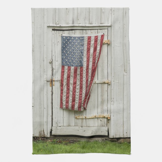 Farms | White Barn Door With American Flag Tea Towel (Vertical)