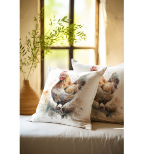 Farmyard Charm: Watercolor Chicken Art Cushion