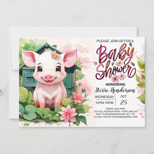 Farmyard Friends Pig Watercolor Baby Shower Invitation (Front)