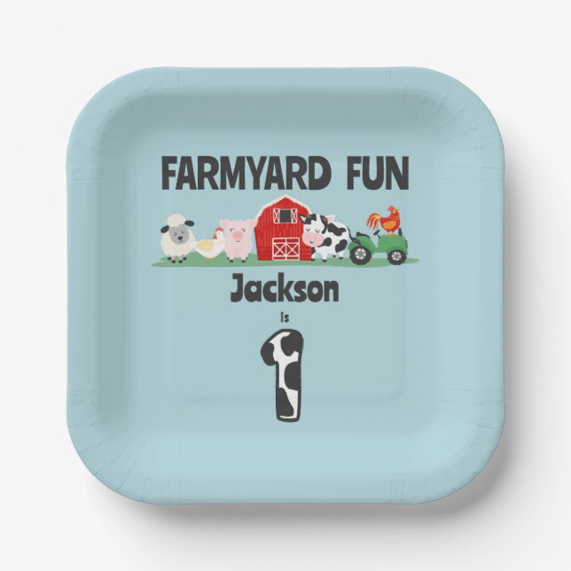 Farmyard Fun 1st Birthday Farm Animal Kids Party Paper Plate (Front)