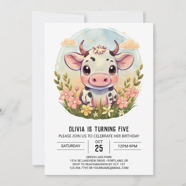 Farmyard Watercolor Elegant Cow Birthday Invitation (Front)