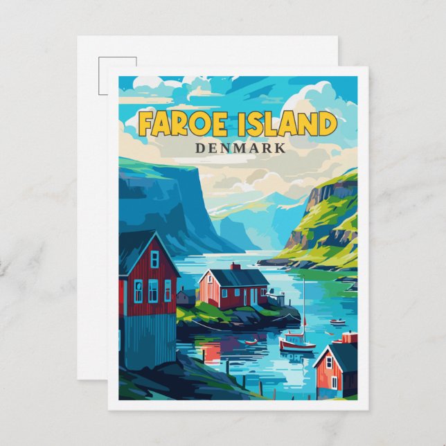 Faroe Island Denmark vintage travel illustration Postcard (Front/Back)