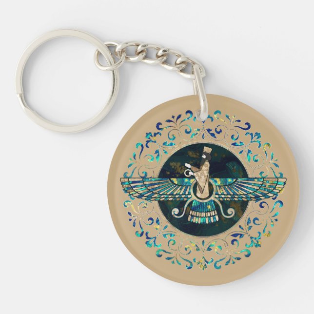 Farohar - Faravahar - Fravashi Marble and Gold Key Ring (Front)