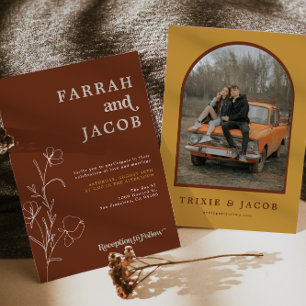 FARRAH Retro 70's Rust Floral Arch Photo Wedding Invitation