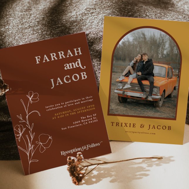 FARRAH Retro 70's Rust Floral Arch Photo Wedding Invitation (Creator Uploaded)