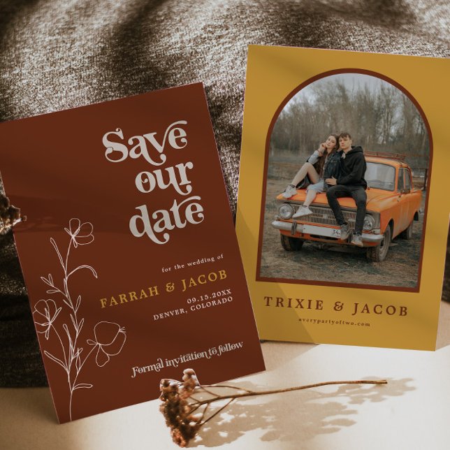 FARRAH Retro 70's Rust Floral Photo Save the Date Invitation (Creator Uploaded)