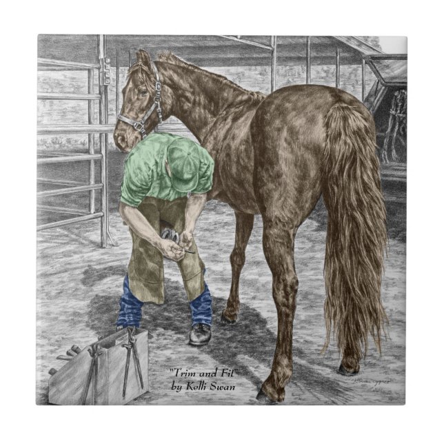 Farrier Blacksmith Trimming Horse Hoof Tile (Front)