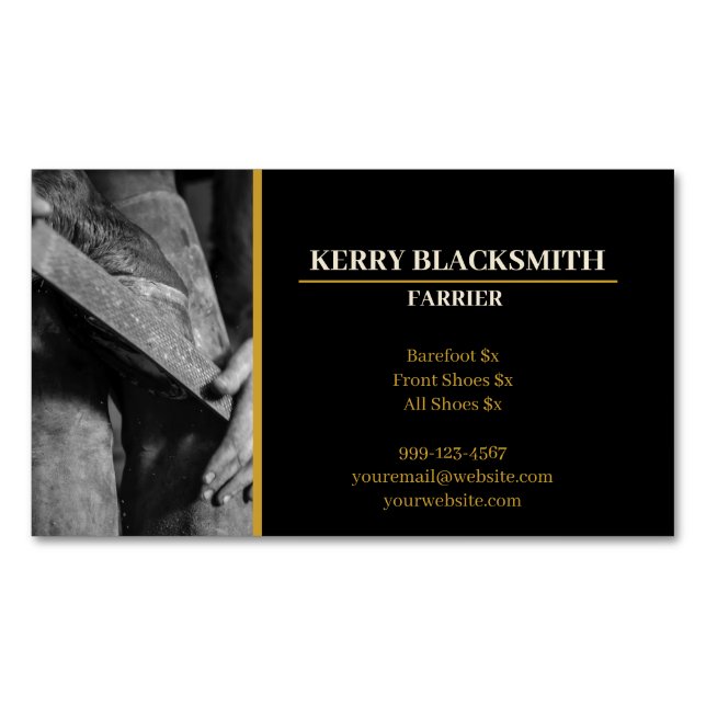 Farrier - Horseshoeing + Barefoot Trim, Black+Gold Magnetic Business Card (Front)