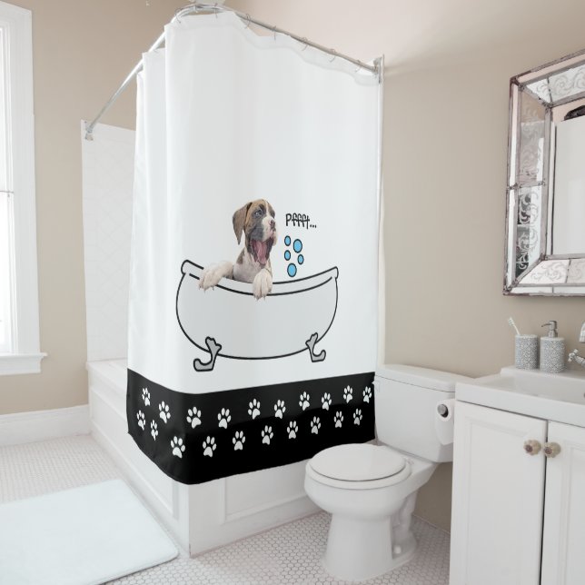 Farting Boxer Dog Shower Curtain (In Situ)