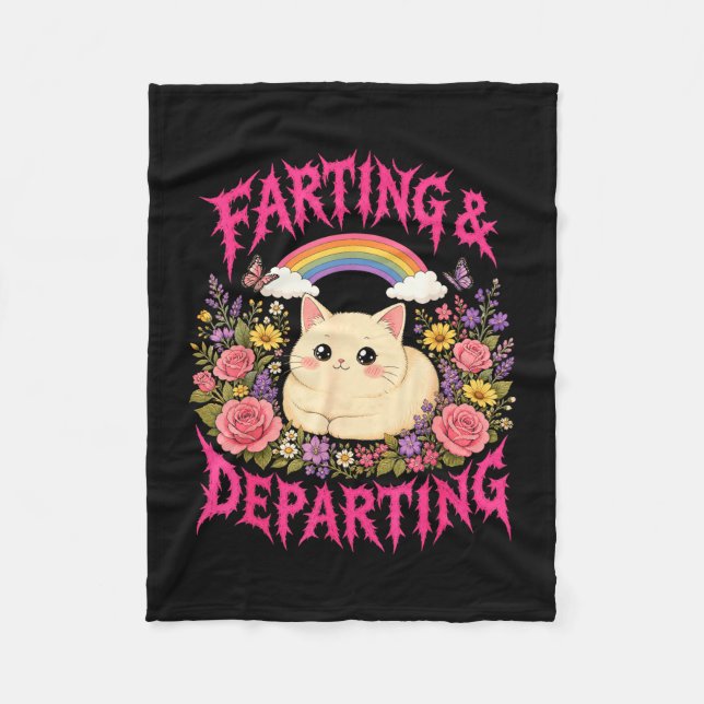 Farting departing cat rainbow flowers funny fleece blanket (Front)