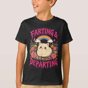 Farting departing cat rainbow flowers funny T-Shirt