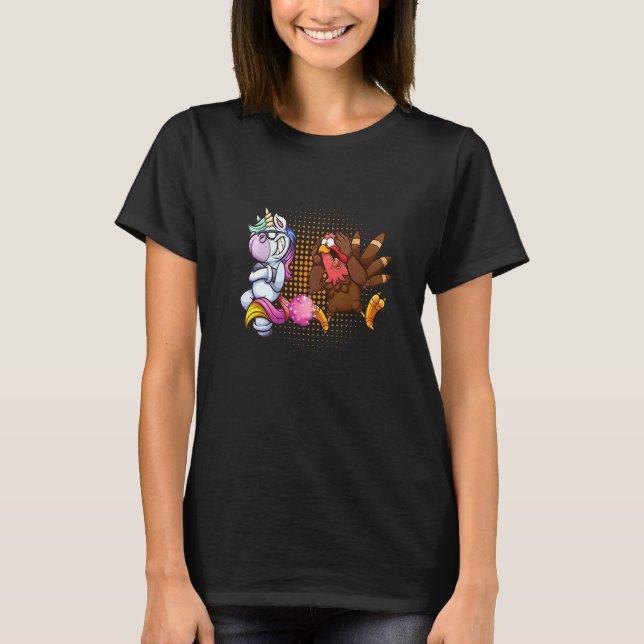 Farting Magical unicorn and Shocked turkey thanksg T-Shirt (Front)