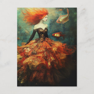 Fashion and Goldfish Red Hair Lady Postcard