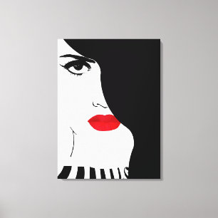 Fashion art, black white red lips woman canvas print