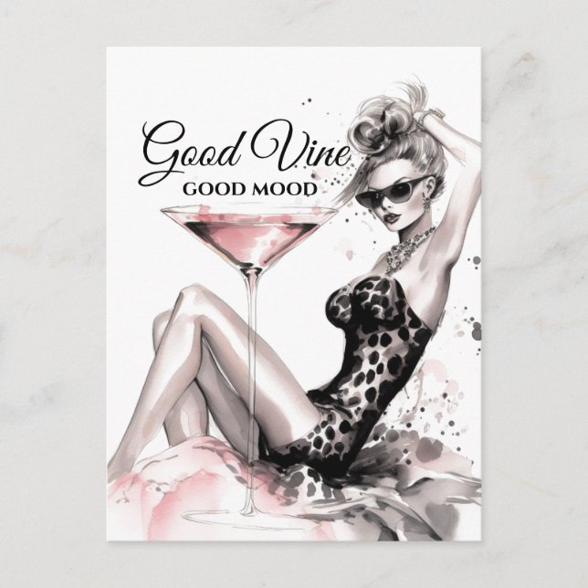 Fashion blonde girl in leopard with glass of vine postcard (Front)