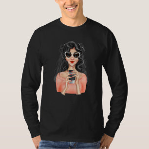 Fashion Blonde Girl With Cup of Coffee with Heart T-Shirt