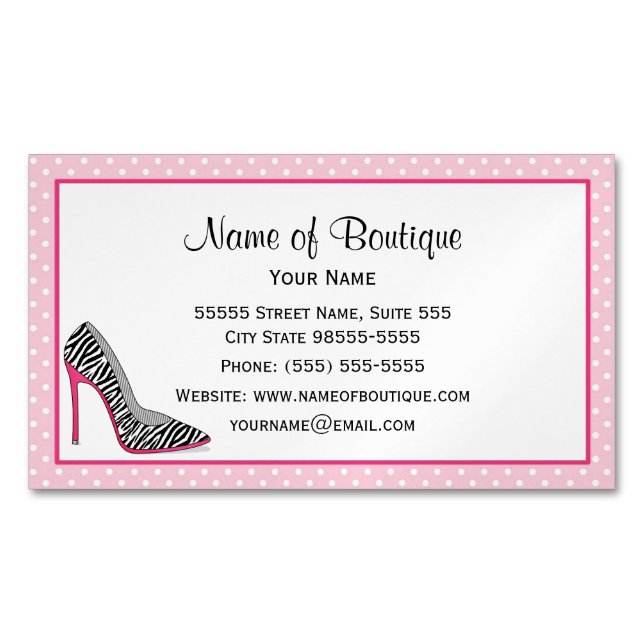 Fashion Boutique Pink and Black Zebra Stilettos Magnetic Business Card (Front)