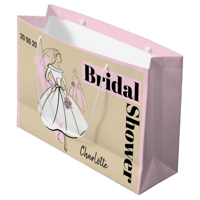 Fashion Bride Neutral Bridal Shower Date Name pink Large Gift Bag (Front Angled)