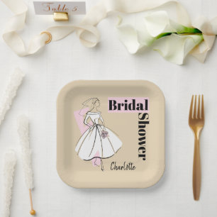 Fashion Bride Neutral Bridal Shower Name square Paper Plate