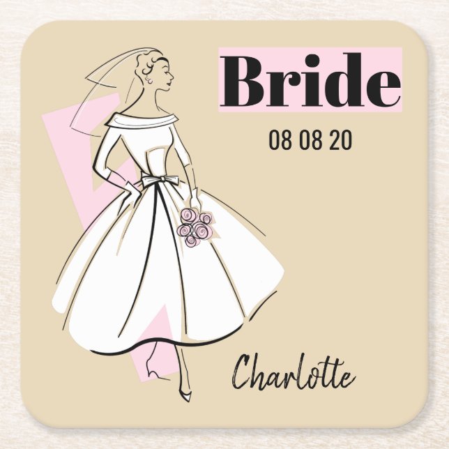 Fashion Bride Neutral Bride Date Name coaster (Front)