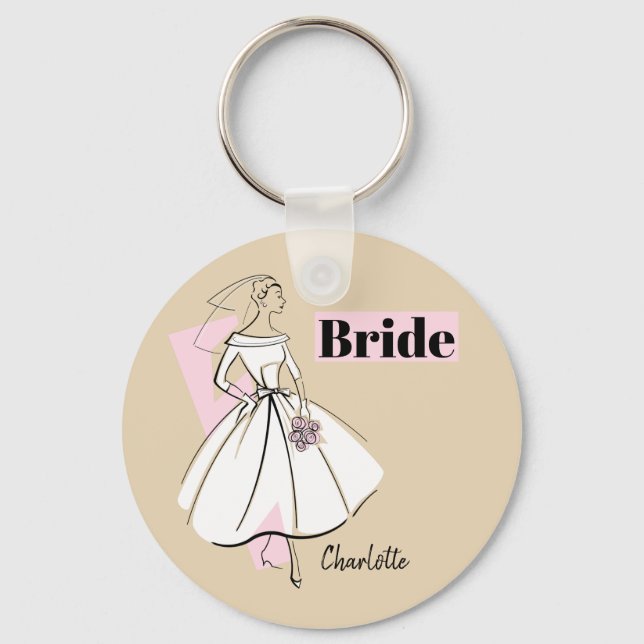 Fashion Bride Neutral Bride Name keychain round (Front)